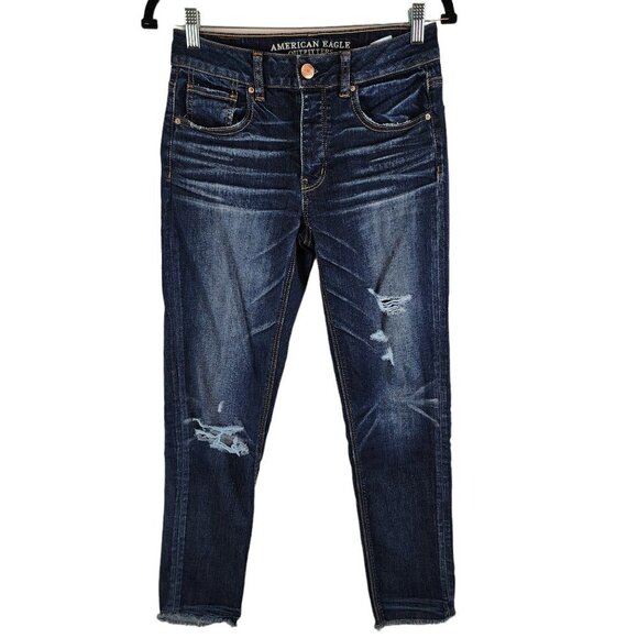American Eagle Tomgirl Jeans Dark Wash Button‎ Fly Stretch Distressed Denim sz 0 - Picture 1 of 11
